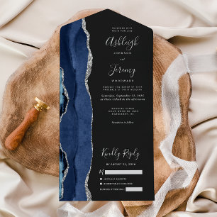 Invitación Todo En Uno Boda oscuro de Navy Blue Silver Agate