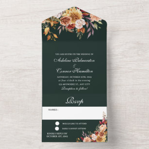 Invitación Todo En Uno Boda Otoñal con Estado de Ánimo Esmeralda Verde