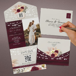 Invitación Todo En Uno Boda Otoñal Floral Rústica Borgoña