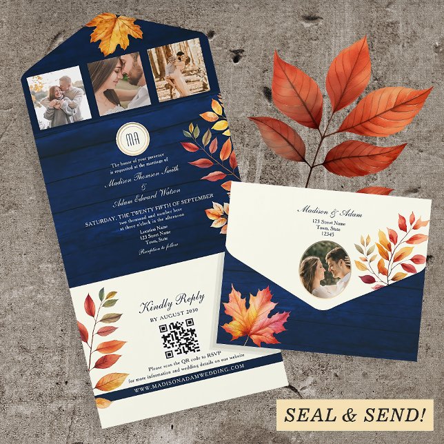 Invitación Todo En Uno Boda Otoñal Rústica de Azul Marino  (Subido por el creador)