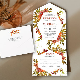 Invitación Todo En Uno Boda Otoño Floral Naranja Quemada Rústica