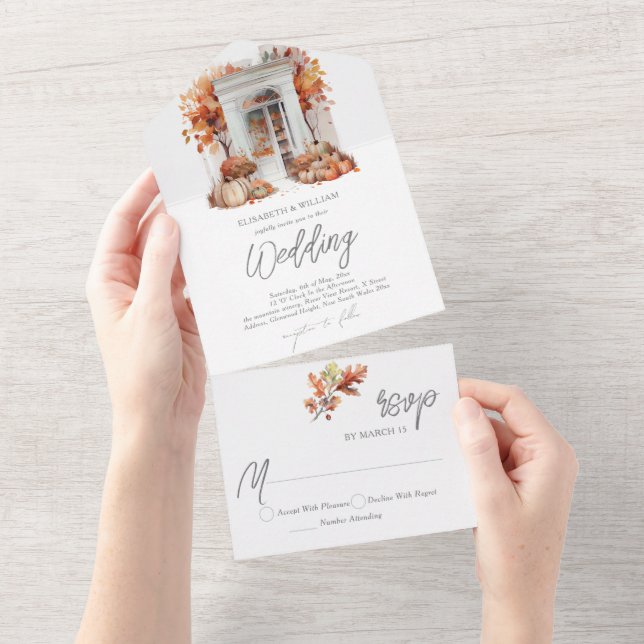 Invitación Todo En Uno Boda Otoño Puerta Delantera Rsvp (desgarro)