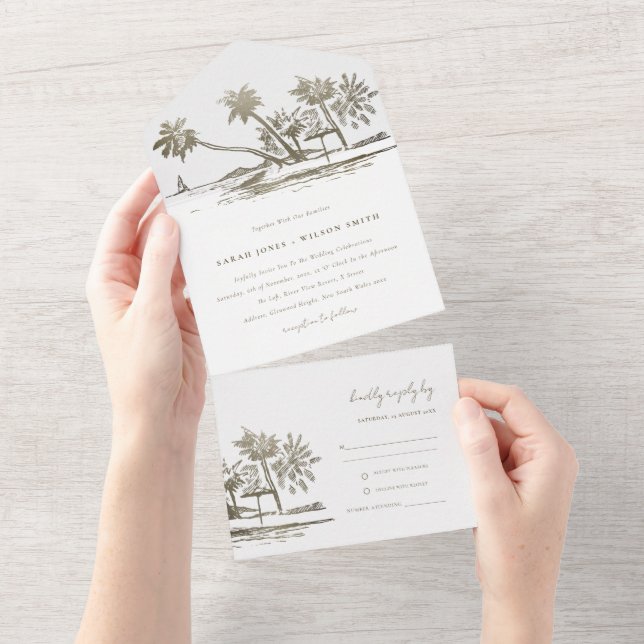 Invitación Todo En Uno Boda Palm Tree Sketch Pale Gold (desgarro)