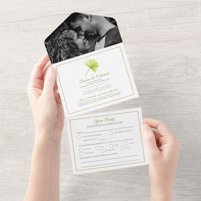 Invitación Todo En Uno Boda palma tropical agua fronda acuarela verde bla (desgarro)