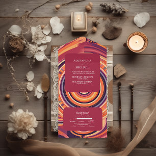 Invitación Todo En Uno Boda patrón abstracto retro groovy 70s