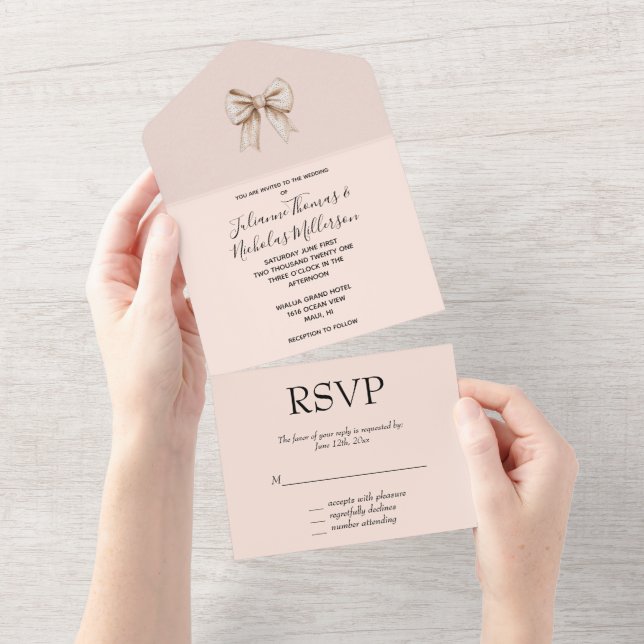 Invitación Todo En Uno Boda Peach Cream Bow (desgarro)
