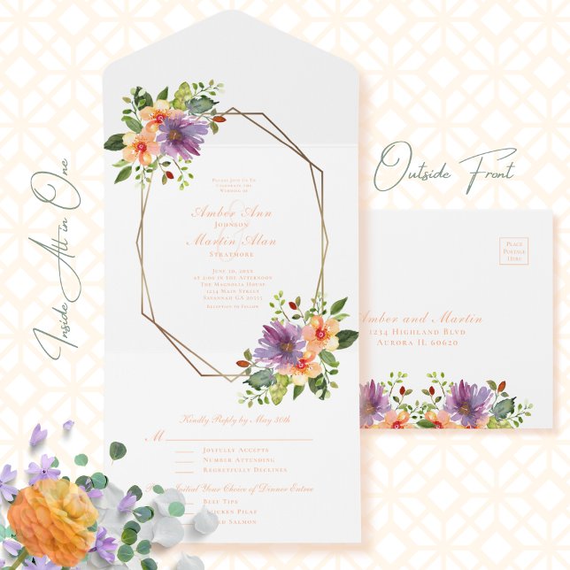 Invitación Todo En Uno Boda Peach Purple Floral Brillante (Subido por el creador)