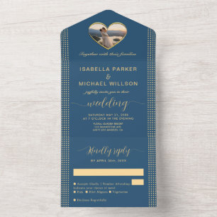 Invitación Todo En Uno Boda personalizada de lunares dorados y azules