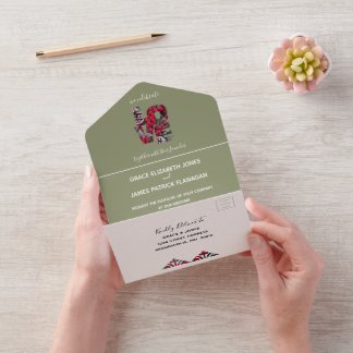 Invitación Todo En Uno Boda Pinecones Evergreens Red Berries
