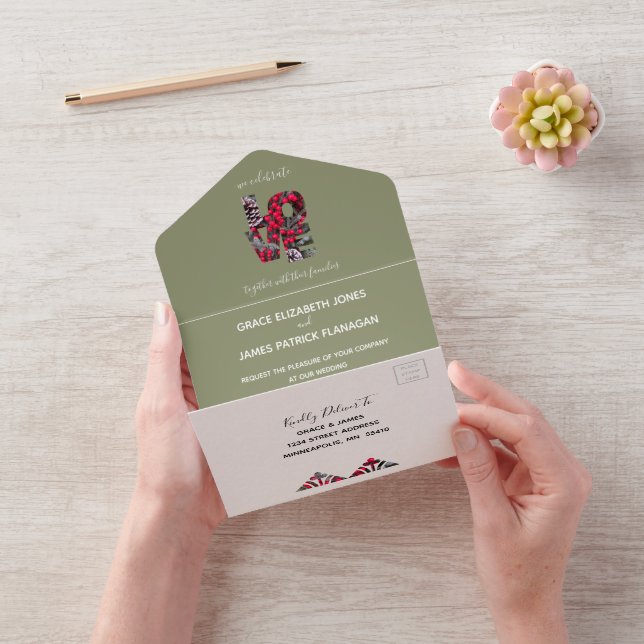 Invitación Todo En Uno Boda Pinecones Evergreens Red Berries (Video)
