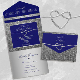 Invitación Todo En Uno Boda Plata de moda y Azul Real