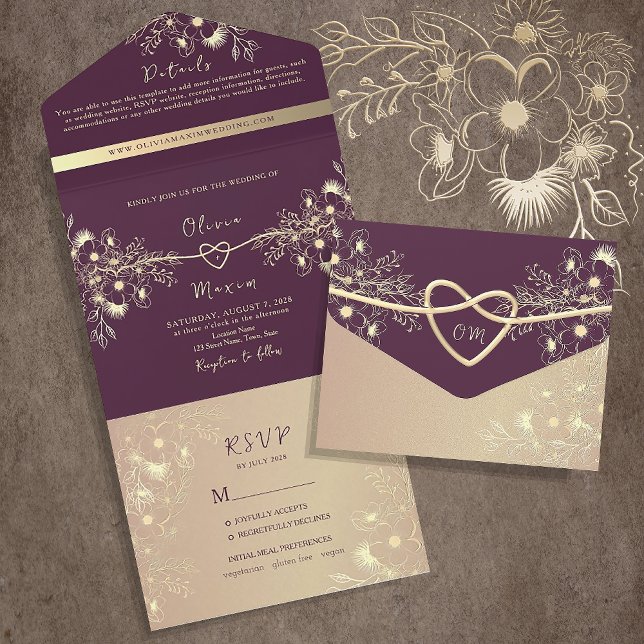 Invitación Todo En Uno Boda Pluma Púrpura y Oro (Subido por el creador)