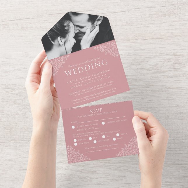 Invitación Todo En Uno Boda polvo rosa blanco hojas foto comida RSVP (desgarro)