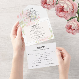 Invitación Todo En Uno Boda Polvo Rosa Floral Acuarela