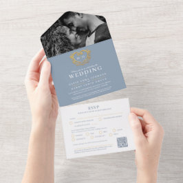 Invitación Todo En Uno Boda polvoriento azul dorado monograma QR
