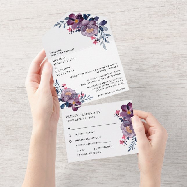 Invitación Todo En Uno Boda Purple Floral Moderno (desgarro)