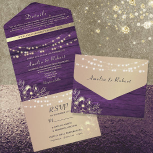 Invitación Todo En Uno Boda Purple Wood String Lights