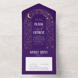 Invitación Todo En Uno Boda púrpura de Arco Celestial Nocturno