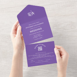 Invitación Todo En Uno Boda púrpura de código QR de Iniciales minimalista