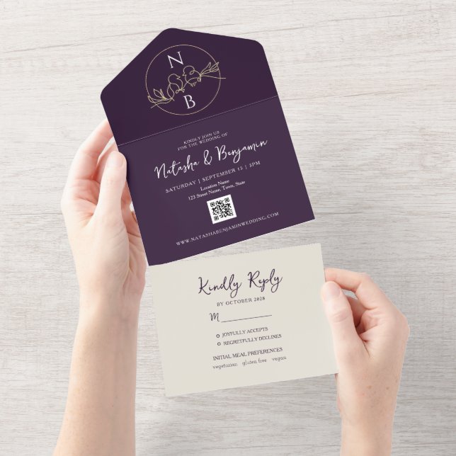 Invitación Todo En Uno Boda púrpura moderno minimalista (desgarro)