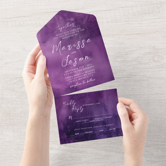 Invitación Todo En Uno Boda púrpura simple y elegante (desgarro)