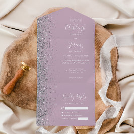 Invitación Todo En Uno Boda Purpurina de color dorado púrpura y  moderno