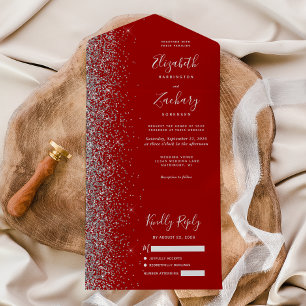 Invitación Todo En Uno Boda Purpurina de Crimson rojo plateado moderno