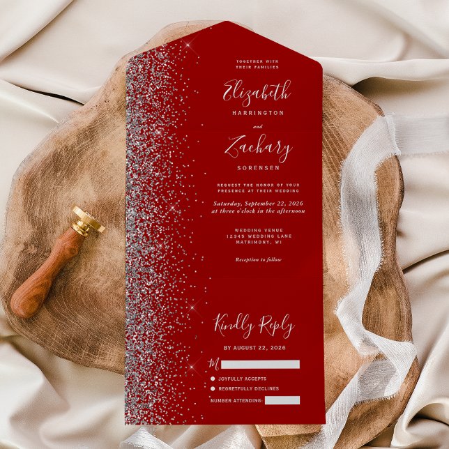 Invitación Todo En Uno Boda Purpurina de Crimson rojo plateado moderno (Subido por el creador)