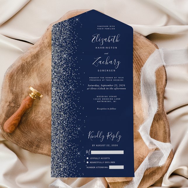 Invitación Todo En Uno Boda Purpurina de la Marina Azul Plata (Subido por el creador)
