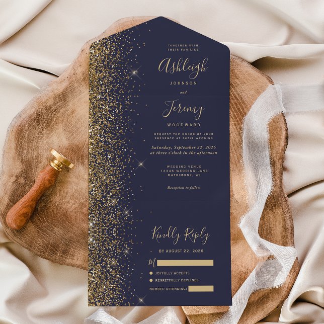 Invitación Todo En Uno Boda Purpurina de oro azul oscuro moderno (Subido por el creador)