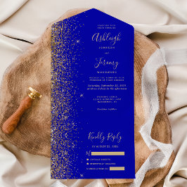 Invitación Todo En Uno Boda Purpurina de oro azul real moderno