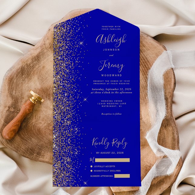 Invitación Todo En Uno Boda Purpurina de oro azul real moderno (Subido por el creador)