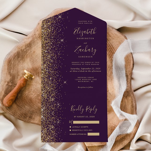 Invitación Todo En Uno Boda Purpurina de oro morado oscuro moderno (Subido por el creador)