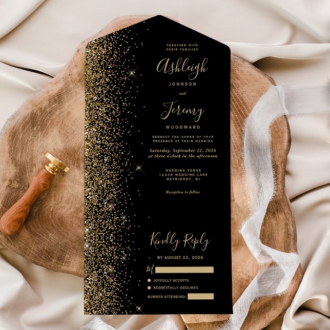 Invitación Todo En Uno Boda Purpurina de oro negro moderno (Subido por el creador)
