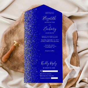 Invitación Todo En Uno Boda Purpurina de Plata Azul Real Moderno
