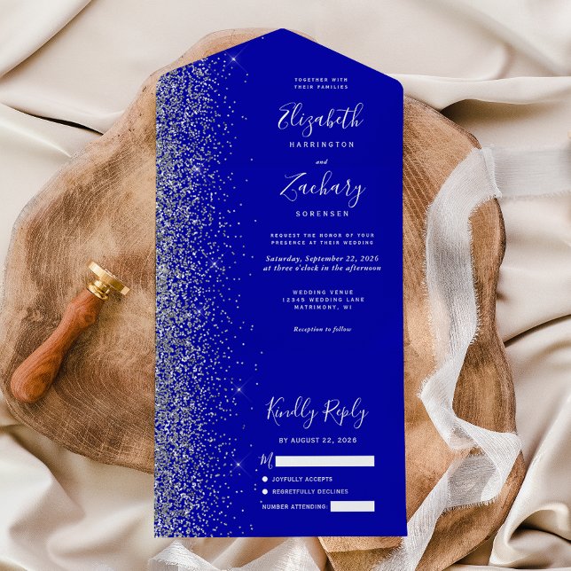 Invitación Todo En Uno Boda Purpurina de Plata Azul Real Moderno (Subido por el creador)