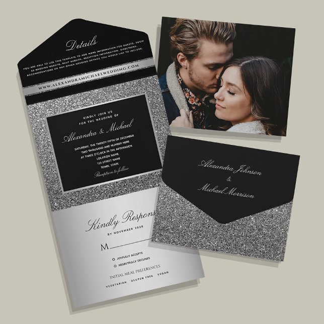 Invitación Todo En Uno Boda Purpurina de Plata Negra (Subido por el creador)