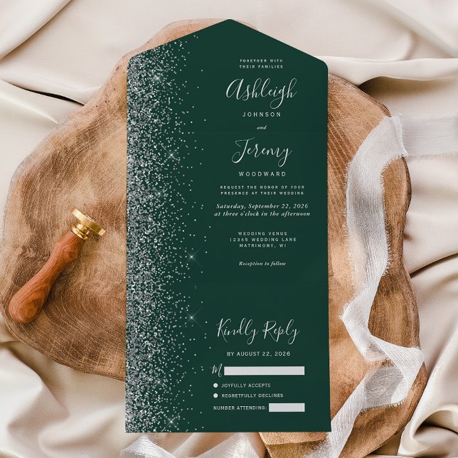 Invitación Todo En Uno Boda Purpurina de Plata Verde Esmeralda Moderno (Subido por el creador)