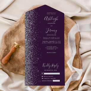 Invitación Todo En Uno Boda Purpurina moderno de color negro morado