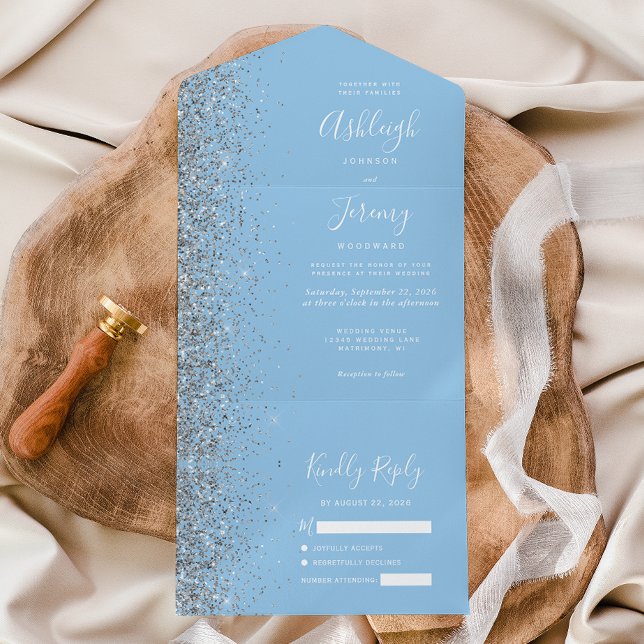 Invitación Todo En Uno Boda Purpurina pastoral moderno bebé azul plateado (Subido por el creador)