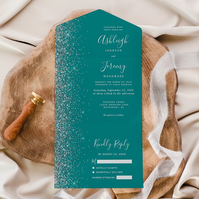 Invitación Todo En Uno Boda Purpurina Verde azulado de plata azul (Subido por el creador)