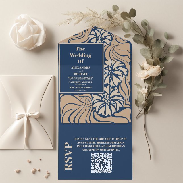 Invitación Todo En Uno Boda QR Code Classic de Art Nouveau azul (Subido por el creador)