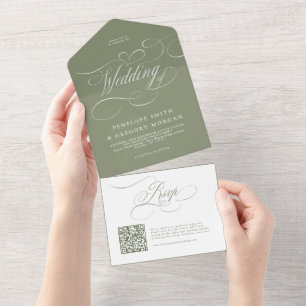 Invitación Todo En Uno Boda QR verde salvia moderna caligrafía atemporal