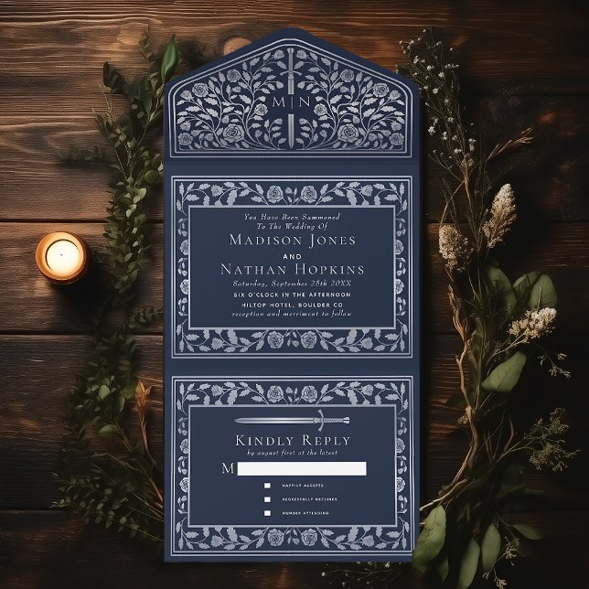 Invitación Todo En Uno Boda Real de Espada Medieval Blue Silver (Subido por el creador)