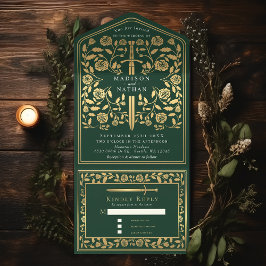 Invitación Todo En Uno Boda Real de Espada Medieval Verde