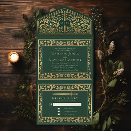 Invitación Todo En Uno Boda Real de Espada Medieval Verde