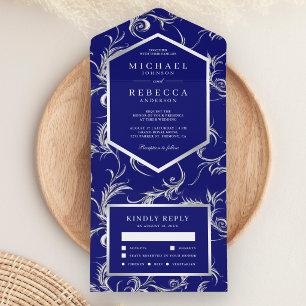 Invitación Todo En Uno Boda Remolino de Hoja de Plata Azul Real