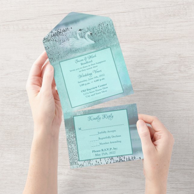 Invitación Todo En Uno Boda renovada promete cisnes en lo salvaje (desgarro)