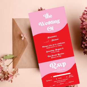 Invitación Todo En Uno Boda Retro 70 de neón rosa y rojo