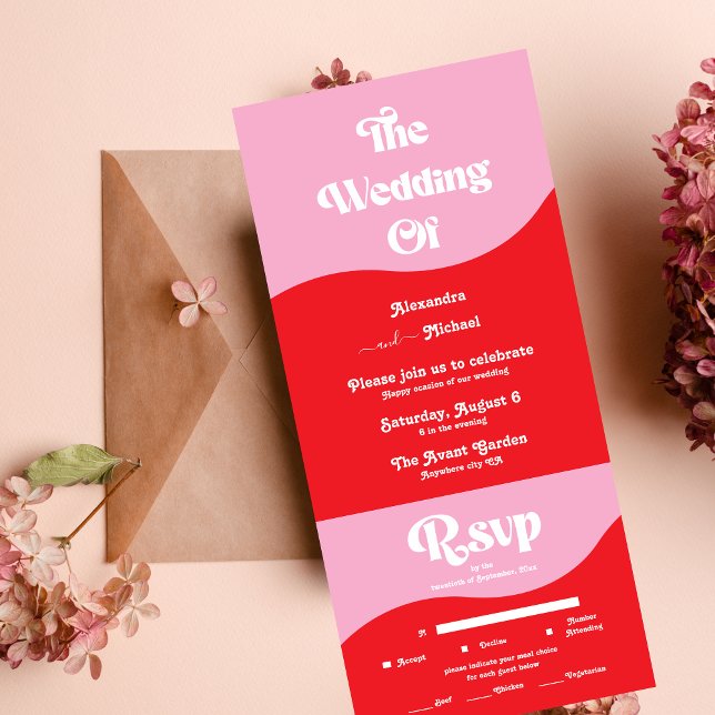 Invitación Todo En Uno Boda Retro 70 de neón rosa y rojo (Subido por el creador)